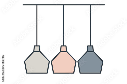 Minimalist modern ceiling lamps hanging from a horizontal bar in soft pastel colors