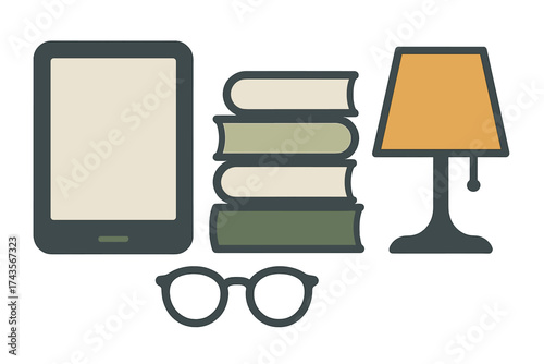 E-reader, stacked books, reading glasses, and lamp symbolizing modern education