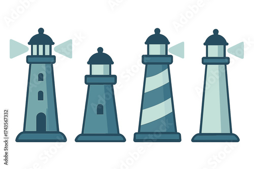Four stylized lighthouses set in blue and teal colors symbolizing maritime navigation and safety