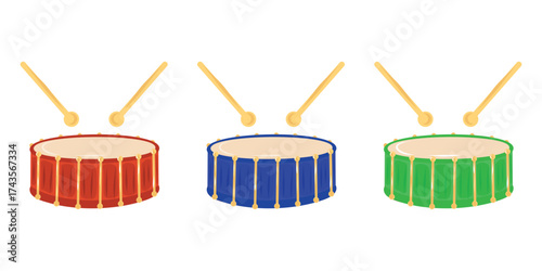 Drum set, Percussion toy set, Drum and drum stick clipart, Red, Green, Blue