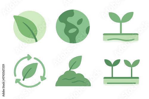Green ecology symbols featuring planet Earth, leaf, recycling arrows, and growing seedlings