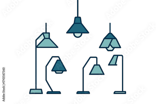Collection of contemporary lighting fixtures including floor lamps and ceiling pendants
