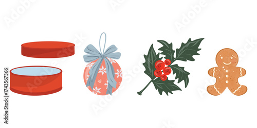 Presentbox and ornament set, Gift and holly clipart, Box and cookie collection