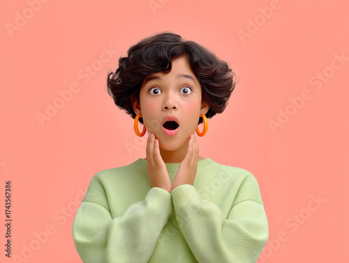 Young woman shows a shocked and surprised expression on his face, with fear and indignation in his eyes