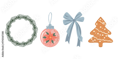 Holiday ornament set, Wreath and bauble clipart, Festive cookie and bow set