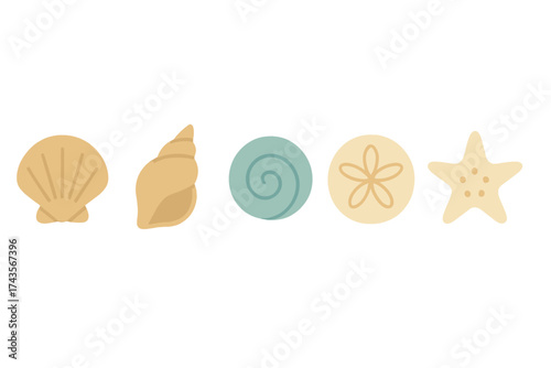 Minimalist collection of marine objects including seashells, sand dollar, and starfish in pastel colors