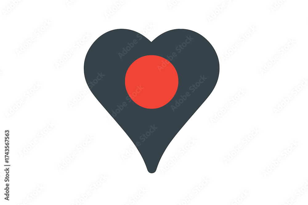 Fototapeta premium Dark gray heart-shaped map pointer icon with a red circle marking a favorite location