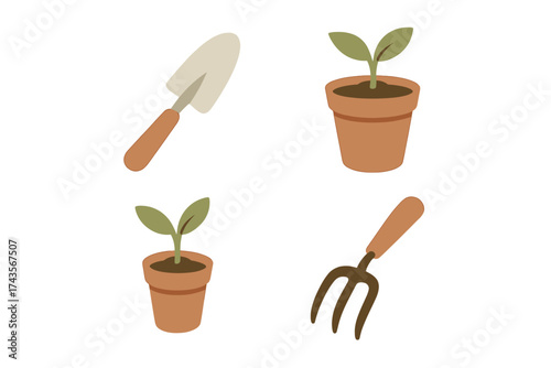 Minimalist set of gardening supplies featuring hand tools and small terracotta pots with sprouts