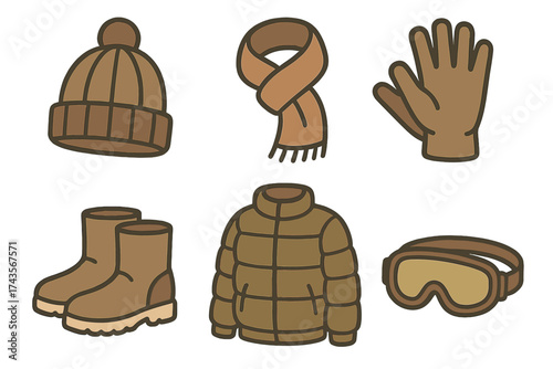 Collection of essential winter clothing accessories including jacket, hat, scarf, gloves, boots, and goggles