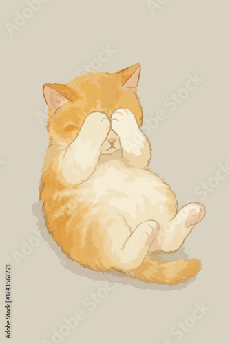 A cat is laying down and hide its face