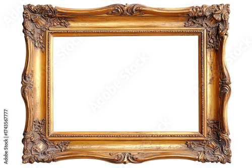 Ornate antique gold picture frame isolated on transparent background. Old rustic wooden frame isolated on white background.