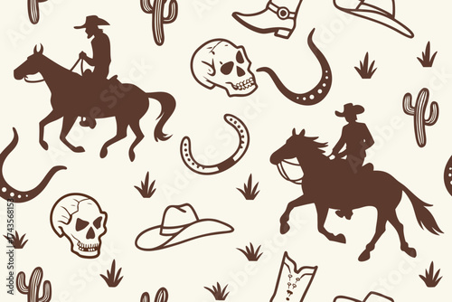Seamless vintage wild west silhouette pattern featuring cowboys horses and desert landscapes in a retro color palette