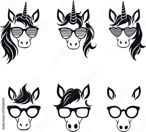 Unicorn and horse head icon set with trendy sunglasses in black line style for fashion, fantasy, and character design