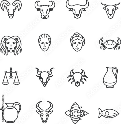 Zodiac icon set with astrological symbols including Aries, Leo, Pisces, Scorpio, and more in minimal line style