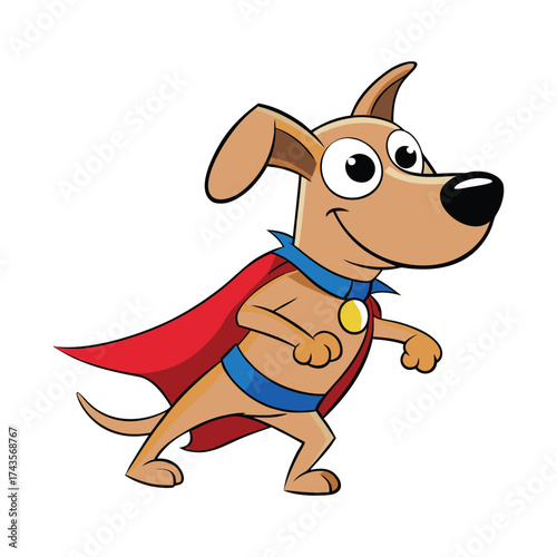 Cartoon Superhero Dog with Red Cape and Blue Costume
