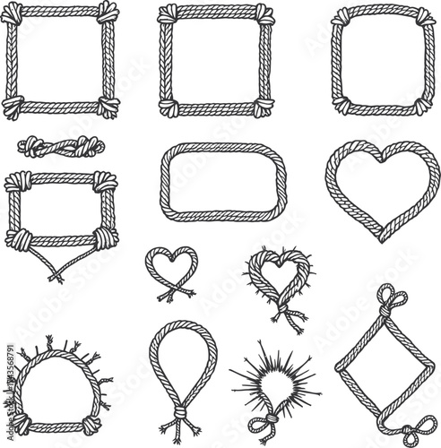 Rope icon set with knots, hearts, squares, loops, and decorative frames in minimal black line style for design use
