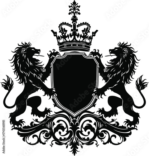 Heraldic emblem with two lions, crown, and shield in black silhouette style, symbolizing nobility, strength, and tradition
