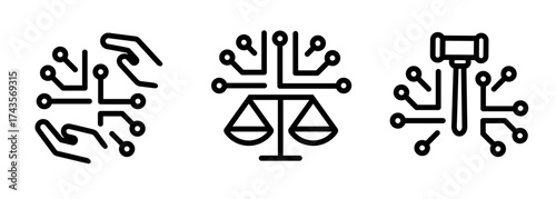 ethical principles in technology icon set circuit board hands for protection balance scale for justice and gavel for legal governance,representing responsible use of digital technology