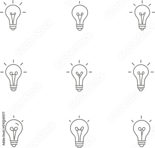 Light bulb icon set in minimal line style with glowing filaments, arranged in a clean grid for energy and idea concepts