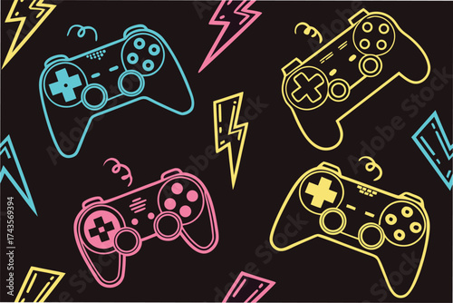 Nostalgic seamless pattern featuring a variety of classic retro video game controllers in vibrant colors perfect for gaming themes and vintage designs