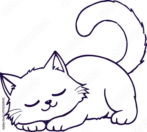 Minimal line art of sleeping cat in curled pose with closed eyes and tucked paws, perfect for pet-themed calm illustrations