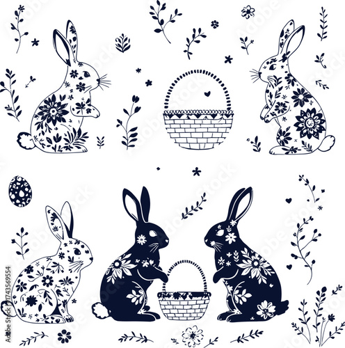 Whimsical floral rabbits with baskets and egg in decorative spring layout, perfect for Easter celebration and seasonal design
