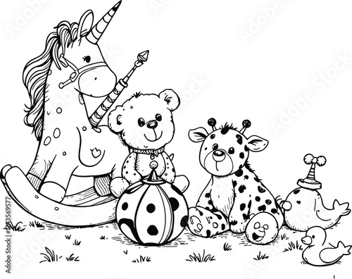 Whimsical children’s toys on grass including unicorn rocker, teddy bear, giraffe plush, duck, chick, and striped ball