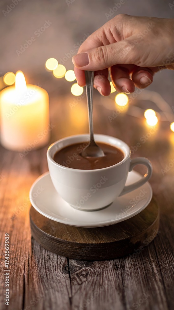 Obraz premium Hand stirring cup of coffee in cozy festive setting.