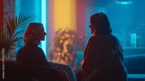 Wallpaper Mural Two individuals are silhouetted, engaged in conversation within a dimly lit interior, bathed in vibrant blue, orange, and yellow artificial lighting, creating a dramatic visual impact. Torontodigital.ca