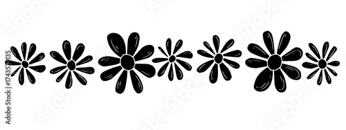 Hand drawn black floral daisy silhouette border vector illustration isolated on white