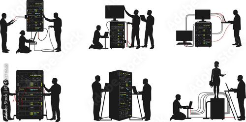 Data center technicians silhouettes, IT server maintenance illustration, network administration teamwork, cybersecurity operations, cloud computing, technology infrastructure management art