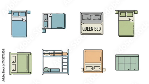 Colorful Furniture Outline Top View Vector Set – Floor Plan Icons for Interior and Architectural Design