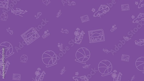 Purple background with scattered white line art illustrations of various travel and leisure related objects.