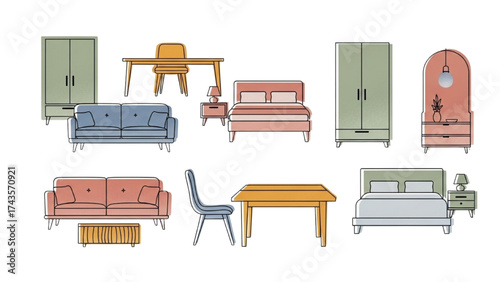 Colorful Furniture Outline Top View Vector Set – Floor Plan Icons for Interior and Architectural Design