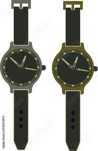 Dual Military Style Wristwatches with Detailed Faces and Strap Designs Isolated on White Background Timekeeping Accessories