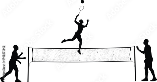 Badminton players silhouettes vector, team sport illustration, shuttlecock rally, net match action, athletic movement, racket game design, fitness sports art