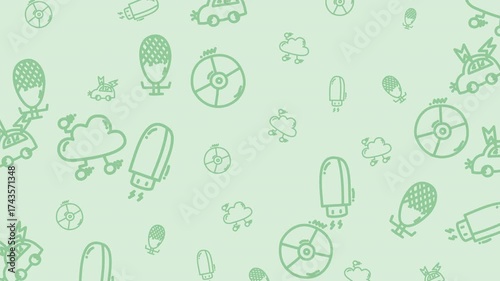 Light green background with hand-drawn style icons of cars, clouds, and microphones.