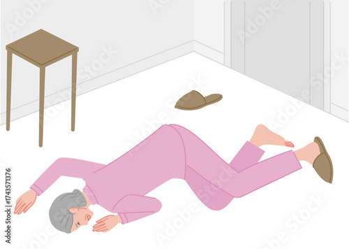シニア女性が室内で倒れて動けない様子のイラスト