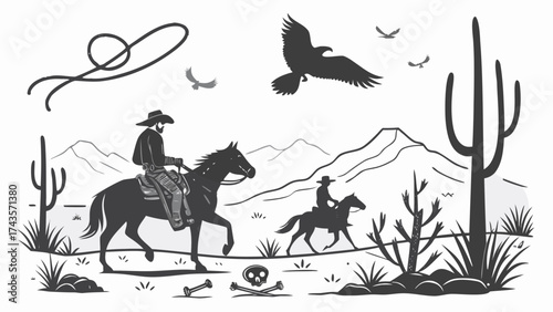 A stylized colorful vector illustration depicting a classic wild west scene with iconic elements and a vibrant color palette