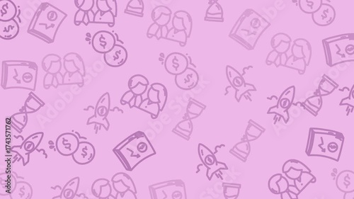Hand-drawn seamless pattern on a purple background with icons representing business, time, money, and relationships.