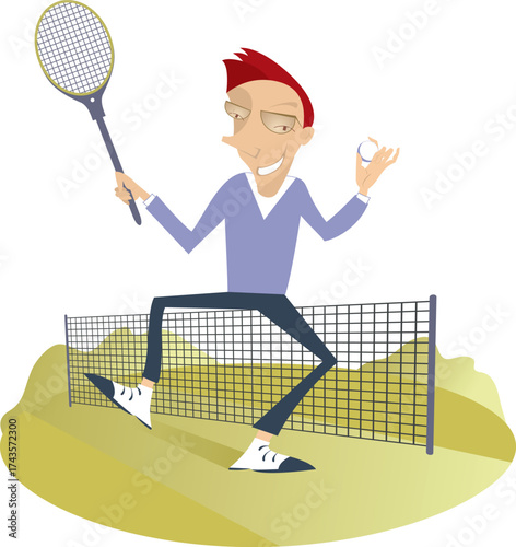 Happy man plays tennis.
Smiling man holds a tennis racket and a ball
