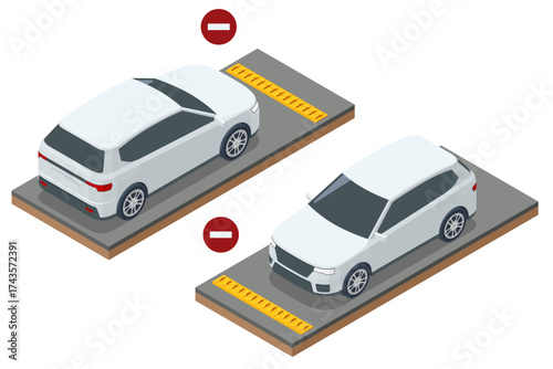 Isometric road spike barrier with no entry signs and white cars. Concept of border control, checkpoint, and vehicle security inspection