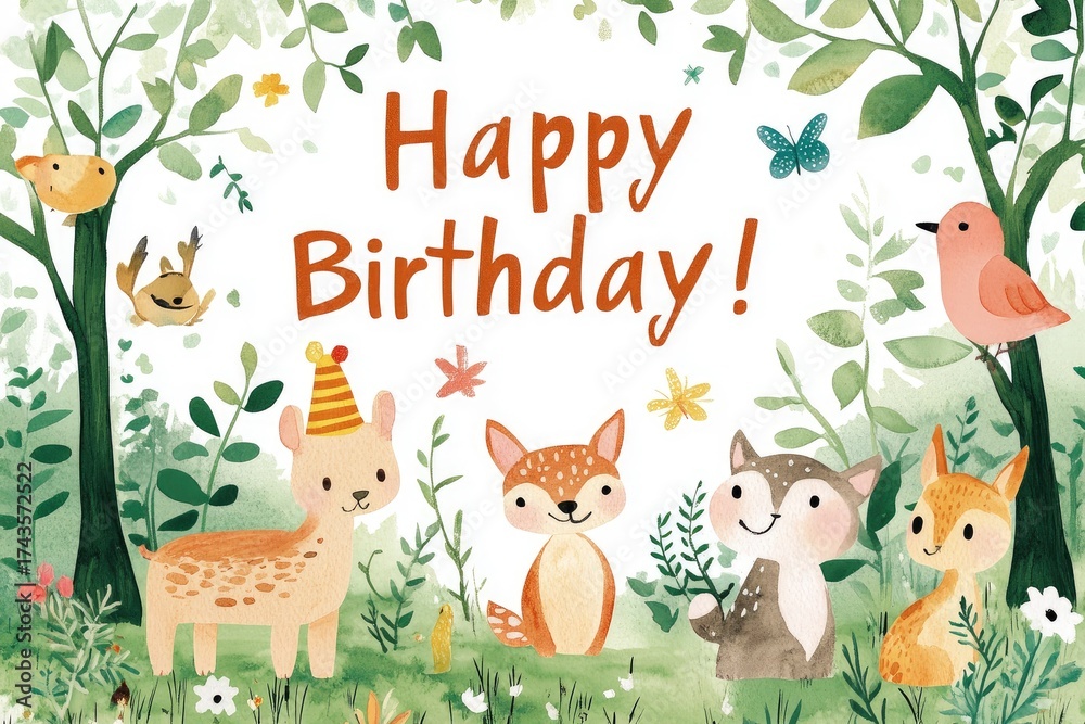Fototapeta premium Eco-Style, Happy Birthday Card with illustration of forest scene with animals, watercolor