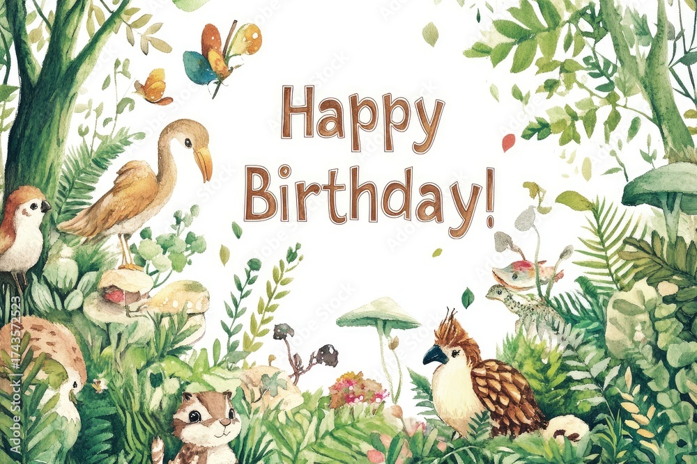 Obraz premium Forest animals. Children's birthday card painted in watercolor with a natural green forest theme