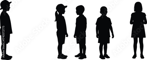 Children standing in a line silhouette, group of kids vector illustration, teamwork, friendship, childhood, black silhouettes on white background