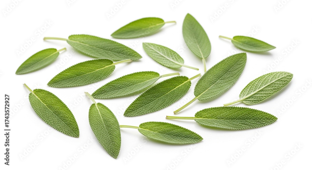Fototapeta premium Fresh sage leaves isolated on white background, showcasing their vibrant green color and velvety texture, perfect for culinary and herbal applications