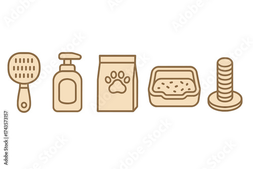 Monochromatic outline icons representing essential cat care items and grooming supplies