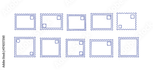 Icons of blank postage stamp sets, mockup postal stamps, and various templates for postage stamp borders.