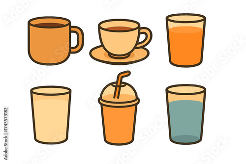 Collection of six popular beverages served in various cups mugs and glasses