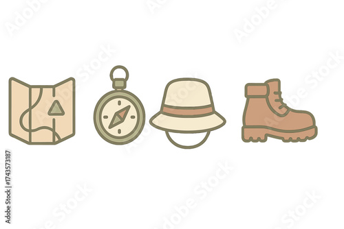 Folded map, navigation compass, sun hat, and sturdy hiking boot for outdoor adventure